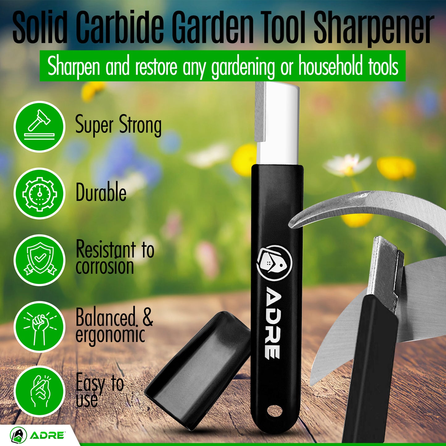 Adre Garden Tool Blade Cultivator Sharpener – Professional Carbide Knife Sharpener for Gardening Tools, Pruning Shears, Cultivator,Scissors – Tungsten Sharpener with Carabiner Lock – Pocket-Sized Garden Tool Sharpener