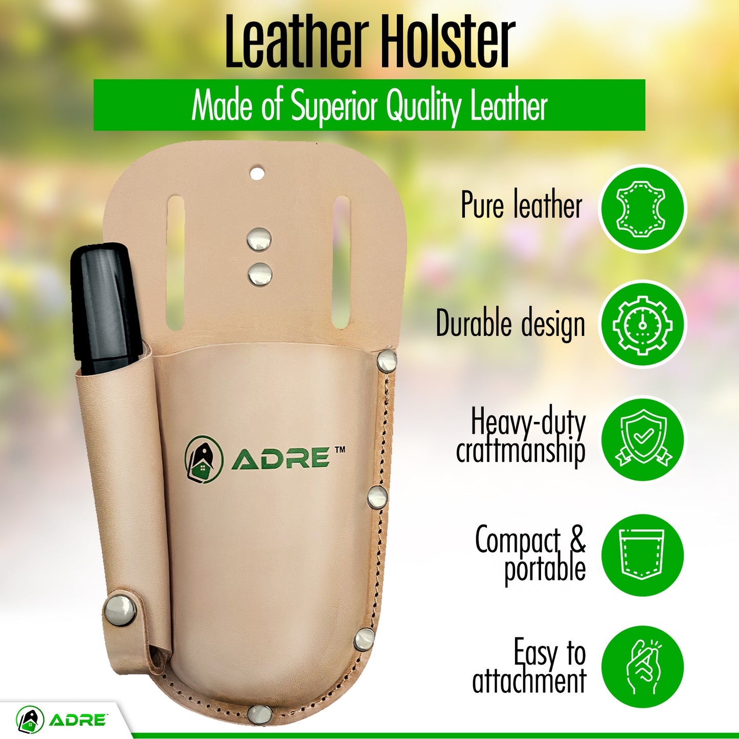 Adre Leather Holster for Pruning Shears – Pruner Holster with Solid Carbide Tool Sharpener Set – Tool Pouch with Belt Clip – Leather Tool Pouch for Gardening Tools, Construction Tools