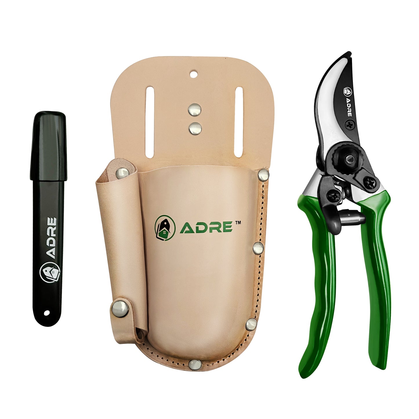 Adre Pruning Shears with Leather Sheath – Complete 3-Pack with Pruning Shears for Gardening, Pruner Holster and Carbide Blade Sharpener – Professional Gardening Tools for Pruning, Cutting, Clipping