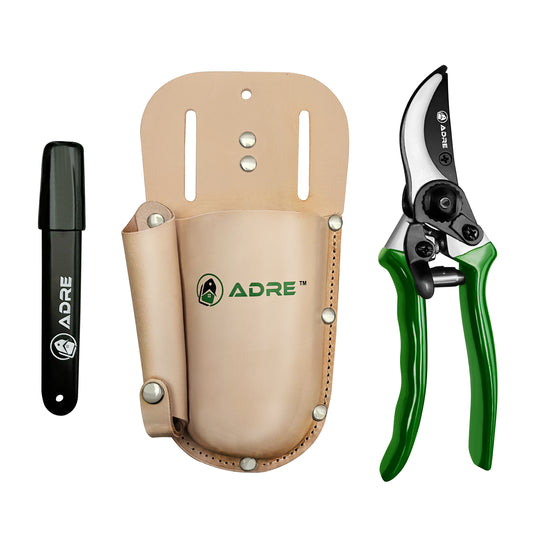 Adre Pruning Shears with Leather Sheath – Complete 3-Pack with Pruning Shears for Gardening, Pruner Holster and Carbide Blade Sharpener – Professional Gardening Tools for Pruning, Cutting, Clipping